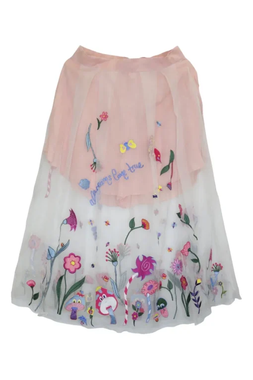 Blush floral-embroidered layered tule A-line pleated midi skirt