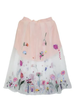 Blush floral-embroidered layered tule A-line pleated midi skirt