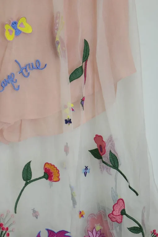Blush floral-embroidered layered tule A-line pleated midi skirt
