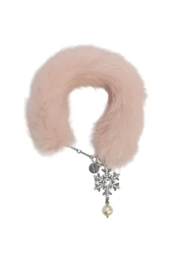 Blush fur and sterling silver bracelet featuring crystal and faux pearl-embellished snowflake charm