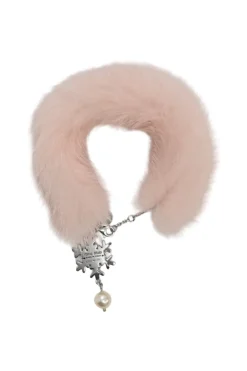Blush fur and sterling silver bracelet featuring crystal and faux pearl-embellished snowflake charm
