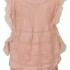 Blush lace-trimmed ramie two-piece set featuring flutter sleeve pintuck blouse tier-ruffle mini skirt with elasticated waistband