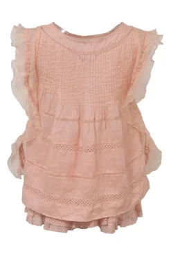 Blush lace-trimmed ramie two-piece set featuring flutter sleeve pintuck blouse tier-ruffle mini skirt with elasticated waistband