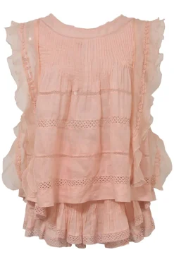 Blush lace-trimmed ramie two-piece set featuring flutter sleeve pintuck blouse tier-ruffle mini skirt with elasticated waistband