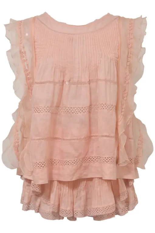Blush lace-trimmed ramie two-piece set featuring flutter sleeve pintuck blouse tier-ruffle mini skirt with elasticated waistband