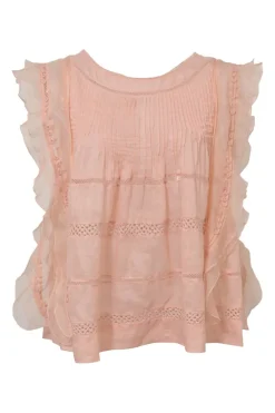 Blush lace-trimmed ramie two-piece set featuring flutter sleeve pintuck blouse tier-ruffle mini skirt with elasticated waistband