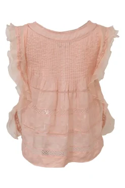 Blush lace-trimmed ramie two-piece set featuring flutter sleeve pintuck blouse tier-ruffle mini skirt with elasticated waistband