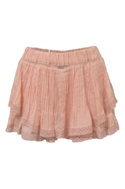 Blush lace-trimmed ramie two-piece set featuring flutter sleeve pintuck blouse tier-ruffle mini skirt with elasticated waistband