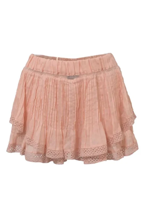 Blush lace-trimmed ramie two-piece set featuring flutter sleeve pintuck blouse tier-ruffle mini skirt with elasticated waistband