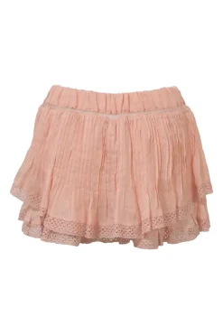Blush lace-trimmed ramie two-piece set featuring flutter sleeve pintuck blouse tier-ruffle mini skirt with elasticated waistband