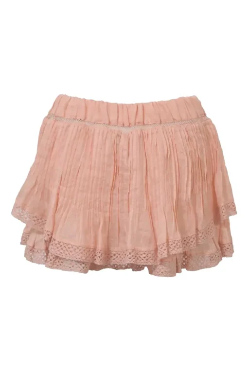 Blush lace-trimmed ramie two-piece set featuring flutter sleeve pintuck blouse tier-ruffle mini skirt with elasticated waistband