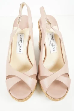 Blush leather and cork slingback  criss cross wedge Amely sandals with adjustable buckle ankle strap