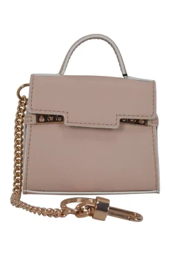 Blush leather macro bag key chain with rose gold metal chain and clipper
