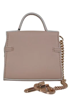 Blush leather macro bag key chain with rose gold metal chain and clipper