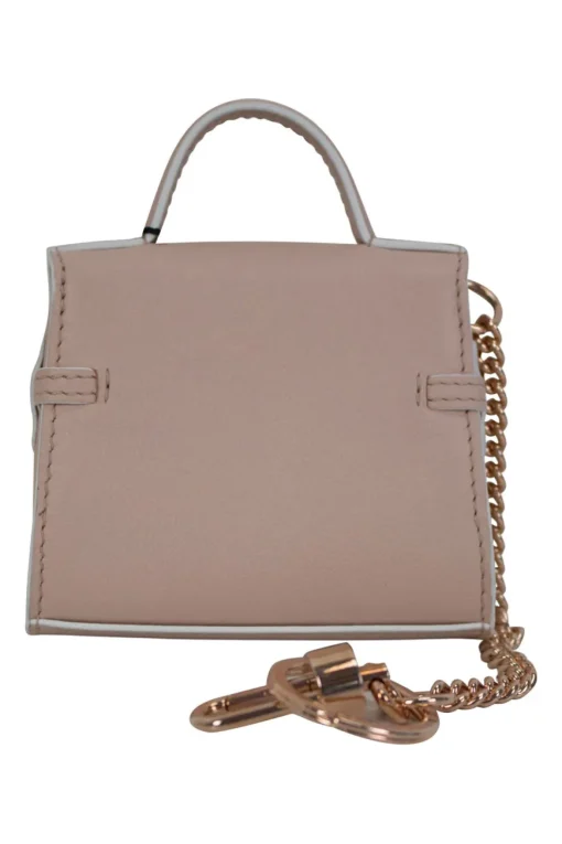 Blush leather macro bag key chain with rose gold metal chain and clipper