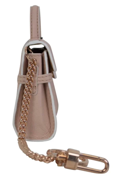Blush leather macro bag key chain with rose gold metal chain and clipper