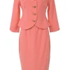 Blush metallic bouclé knit single breasted portrait collar crop tailored jacket and pencil skirt suit set