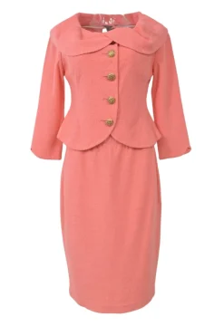 Blush metallic bouclé knit single breasted portrait collar crop tailored jacket and pencil skirt suit set