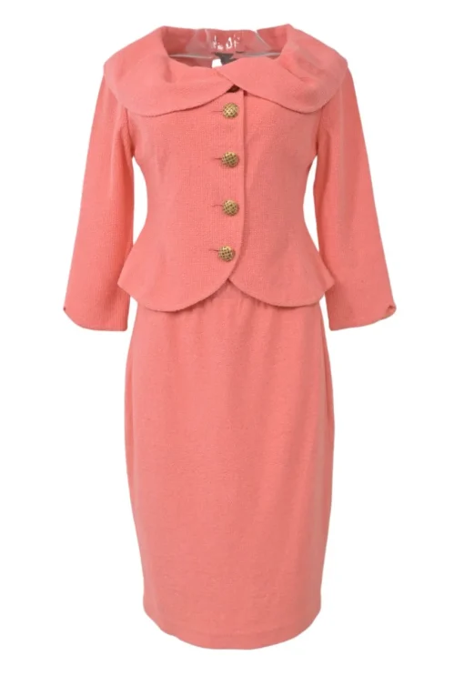 Blush metallic bouclé knit single breasted portrait collar crop tailored jacket and pencil skirt suit set