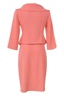 Blush metallic bouclé knit single breasted portrait collar crop tailored jacket and pencil skirt suit set