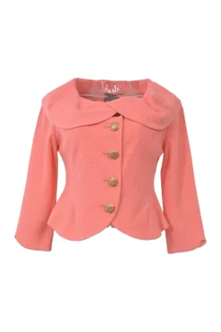 Blush metallic bouclé knit single breasted portrait collar crop tailored jacket and pencil skirt suit set