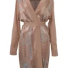 Blush paneled cashmere-silk blend interlock knit robe-style long cardigan featuring 'Planche d'Étude pour une Parure de Gala' foulard inserts