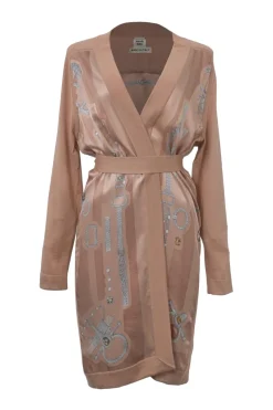 Blush paneled cashmere-silk blend interlock knit robe-style long cardigan featuring 'Planche d'Étude pour une Parure de Gala' foulard inserts