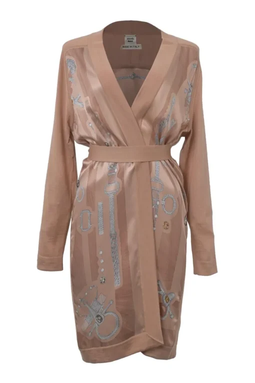 Blush paneled cashmere-silk blend interlock knit robe-style long cardigan featuring 'Planche d'Étude pour une Parure de Gala' foulard inserts