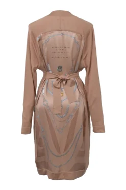 Blush paneled cashmere-silk blend interlock knit robe-style long cardigan featuring 'Planche d'Étude pour une Parure de Gala' foulard inserts