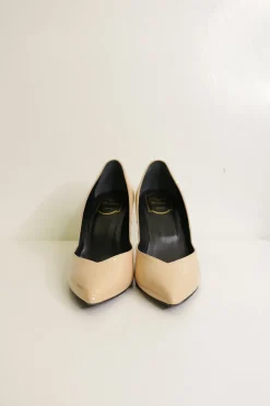 Blush patent leather Choc Real pointed toe pumps with gold-tone metallic logo plaque