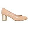 Blush peach almond toe pumps with a stacked gold-tone sculpted block heel