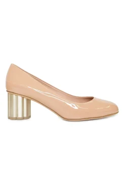 Blush peach almond toe pumps with a stacked gold-tone sculpted block heel