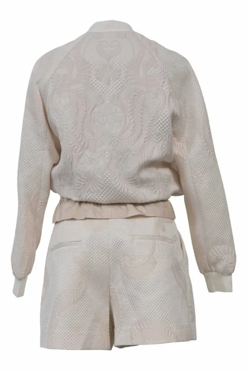 Blush polyester-blend brocade two-piece set featuring peplum bomber jacket and tailored shorts