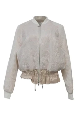 Blush polyester-blend brocade two-piece set featuring peplum bomber jacket and tailored shorts