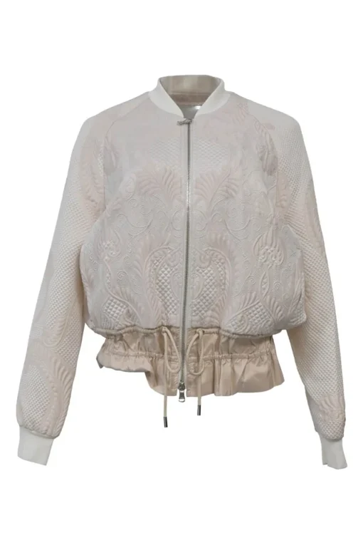 Blush polyester-blend brocade two-piece set featuring peplum bomber jacket and tailored shorts
