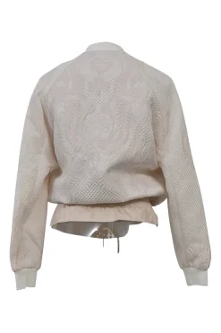 Blush polyester-blend brocade two-piece set featuring peplum bomber jacket and tailored shorts