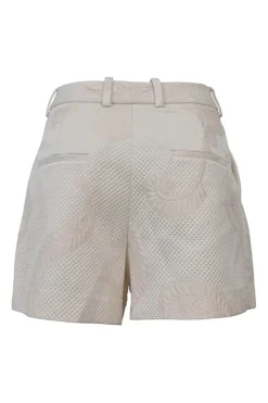Blush polyester-blend brocade two-piece set featuring peplum bomber jacket and tailored shorts