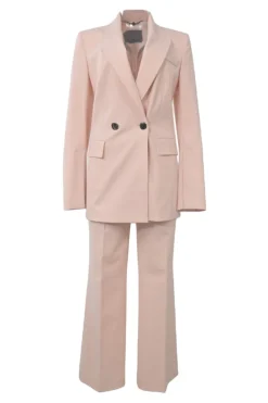 Blush polyester-blend double breasted peak lapel tailored jacket and wide-leg trouser two-piece suit set