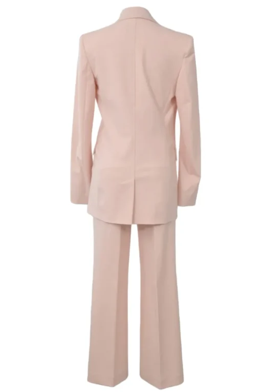 Blush polyester-blend double breasted peak lapel tailored jacket and wide-leg trouser two-piece suit set
