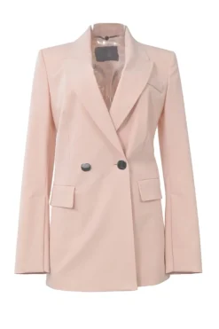 Blush polyester-blend double breasted peak lapel tailored jacket and wide-leg trouser two-piece suit set