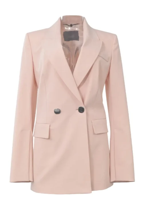 Blush polyester-blend double breasted peak lapel tailored jacket and wide-leg trouser two-piece suit set