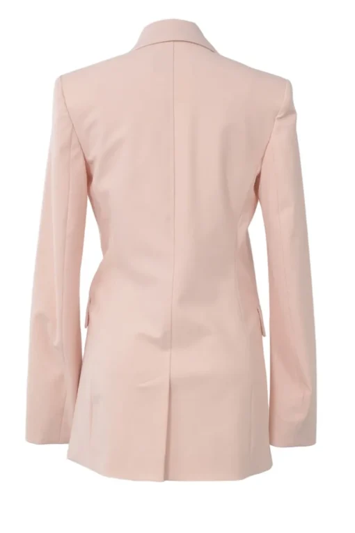 Blush polyester-blend double breasted peak lapel tailored jacket and wide-leg trouser two-piece suit set