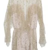 Blush polyester-blend semi-sheer embellished shooting star mesh romper with ruffle trim