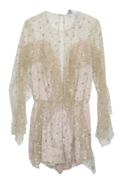 Blush polyester-blend semi-sheer embellished shooting star mesh romper with ruffle trim