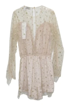Blush polyester-blend semi-sheer embellished shooting star mesh romper with ruffle trim