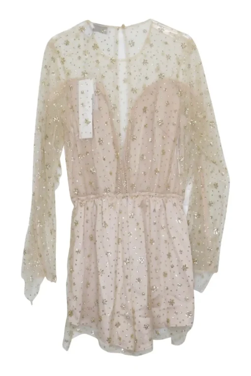 Blush polyester-blend semi-sheer embellished shooting star mesh romper with ruffle trim