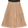 Blush semi-sheer polyester tulle pull-on high-rise plissé skirt with contrasting lace waistband