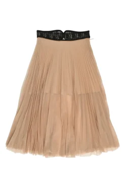 Blush semi-sheer polyester tulle pull-on high-rise plissé skirt with contrasting lace waistband