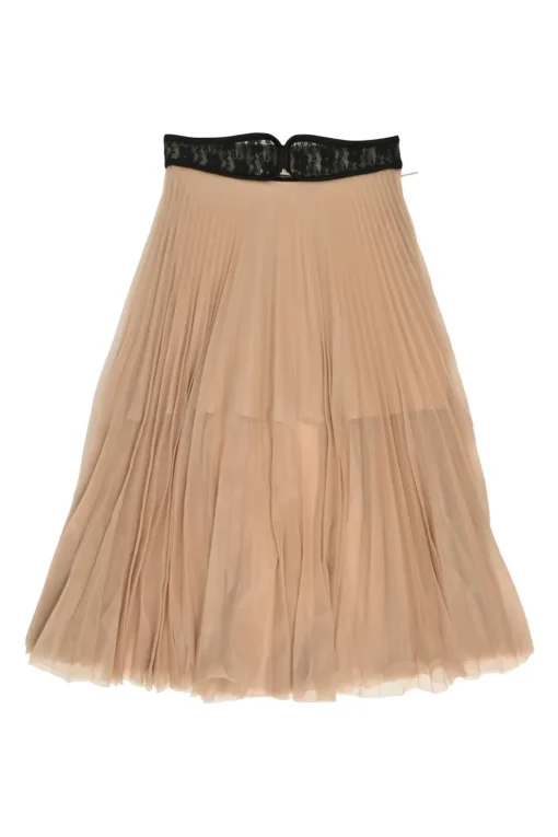 Blush semi-sheer polyester tulle pull-on high-rise plissé skirt with contrasting lace waistband