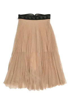 Blush semi-sheer polyester tulle pull-on high-rise plissé skirt with contrasting lace waistband